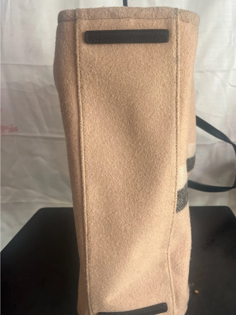 kate spade beige wool tote with black straps and gray center stripe